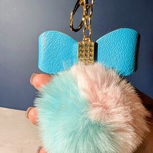 Blue Bow Bag Charm/ Keychain with Fluffy Pastel Colored Pom Pom